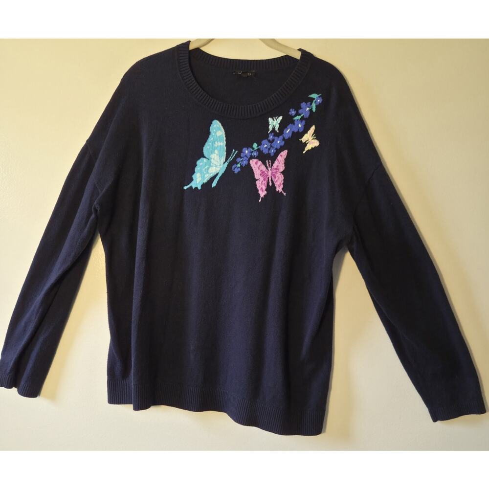 Talbots Women's Pretty Butterfly Crewneck Long Sleeve Black Sweater Size XL